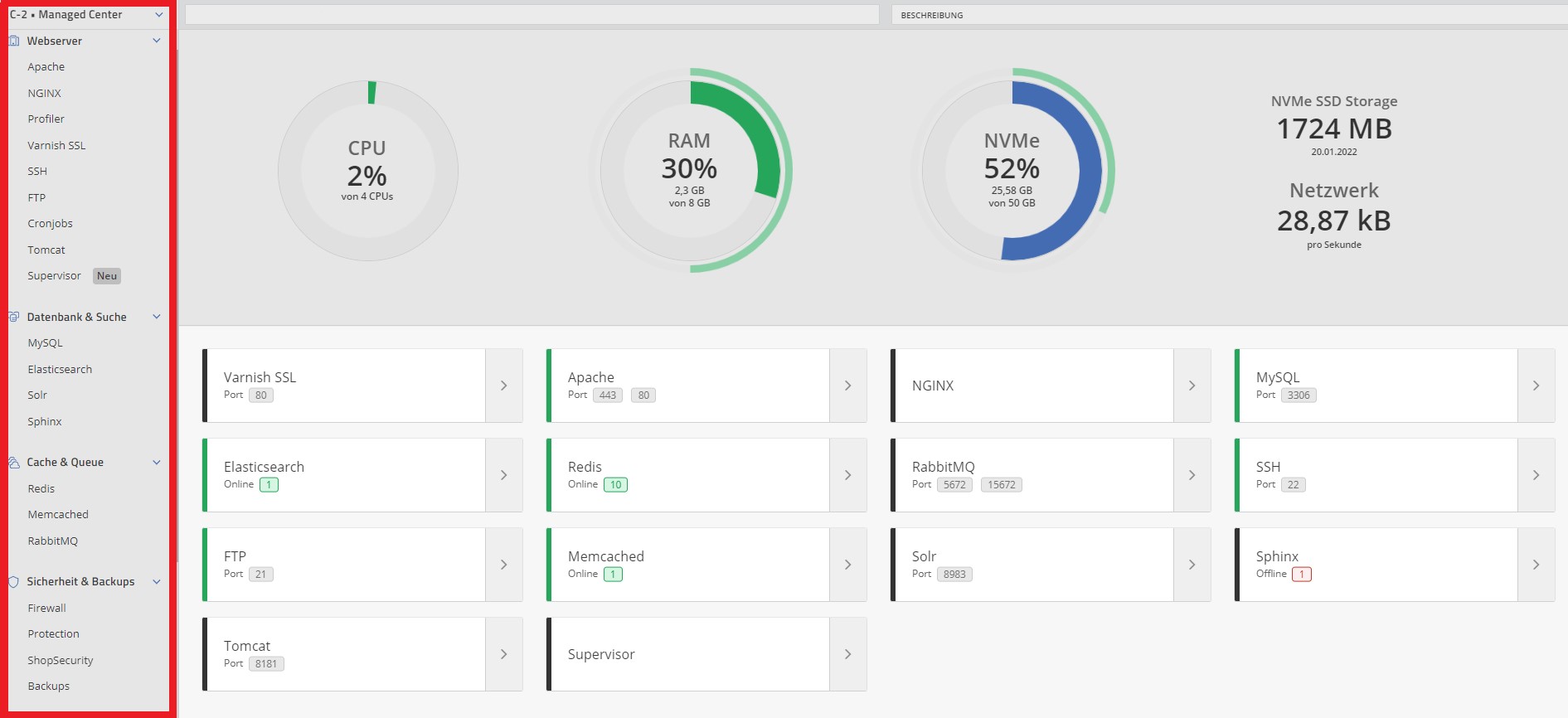 Simple configuration of tools in the maxcluster Managed Center.