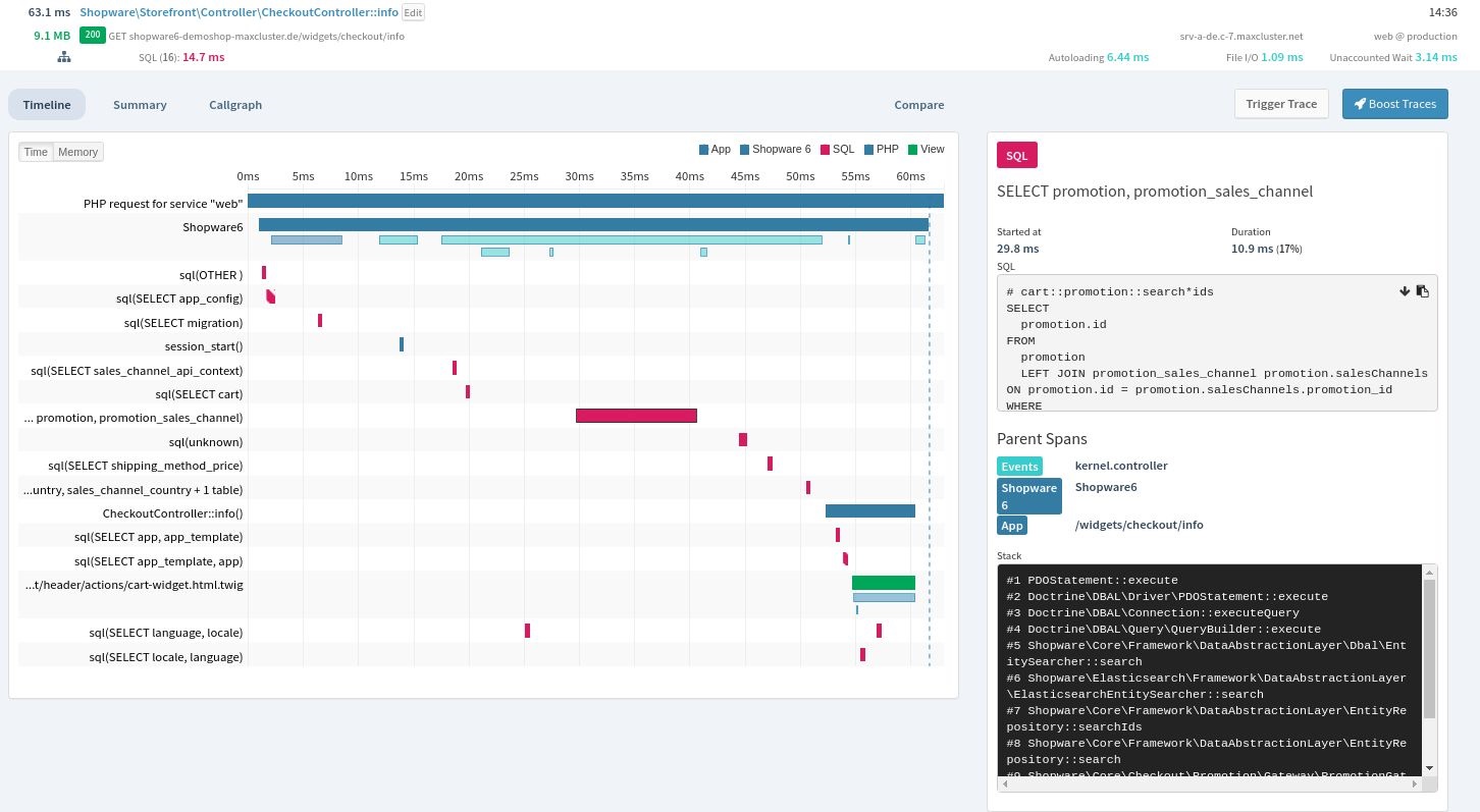 Tideways measures the PHP execution time of an application.
