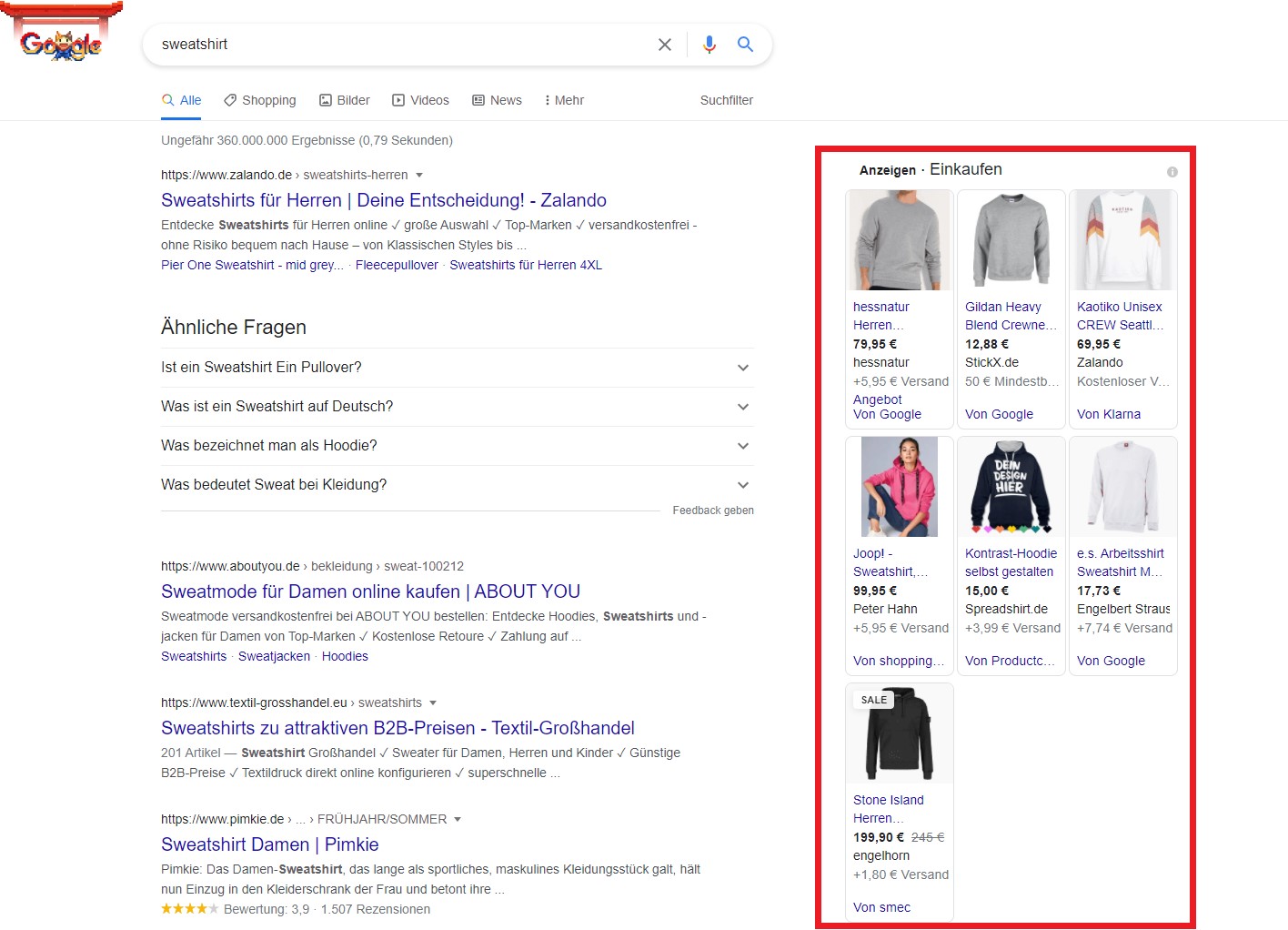 Screenshot of Ads for products are played above or next to organic search results.