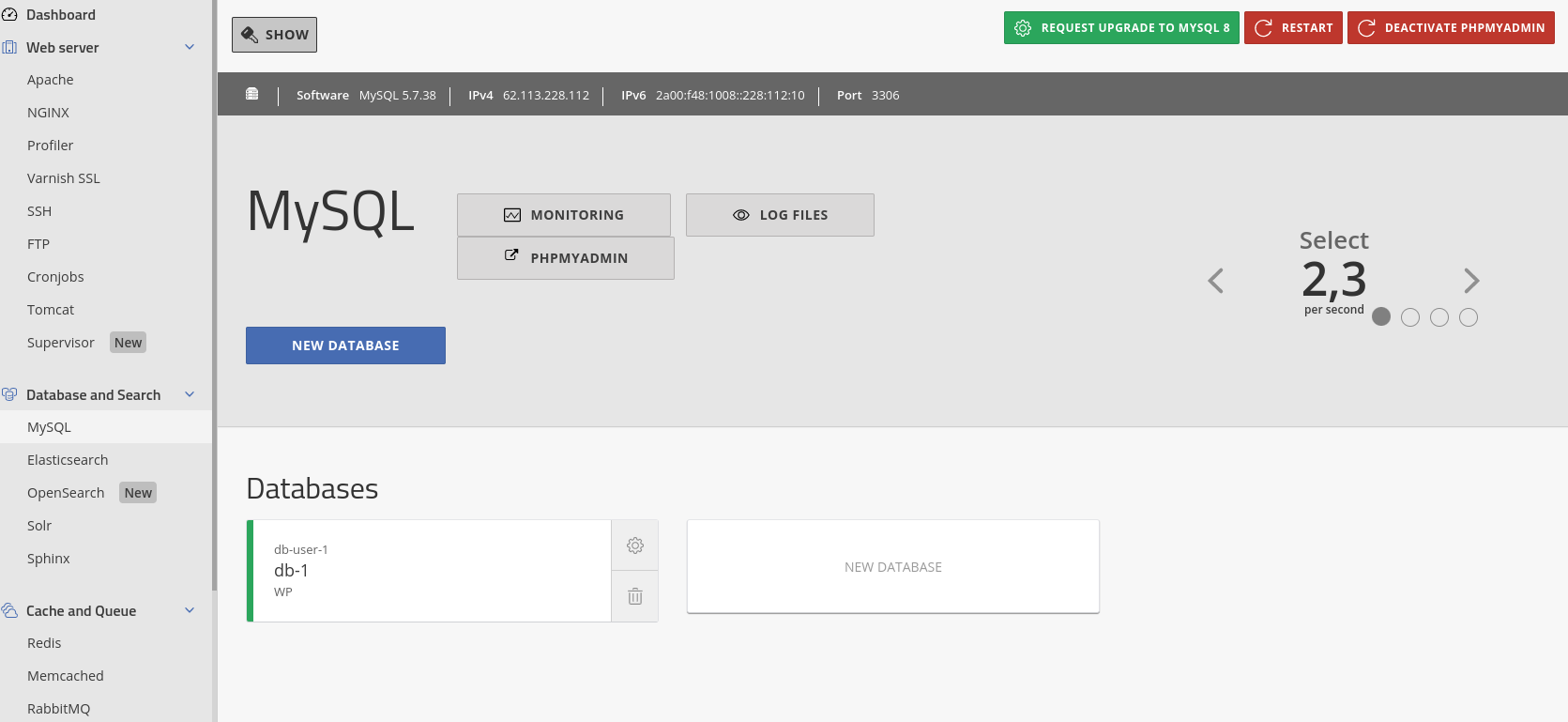 Activation and configuration of MySQL in the maxcluster Managed Center.