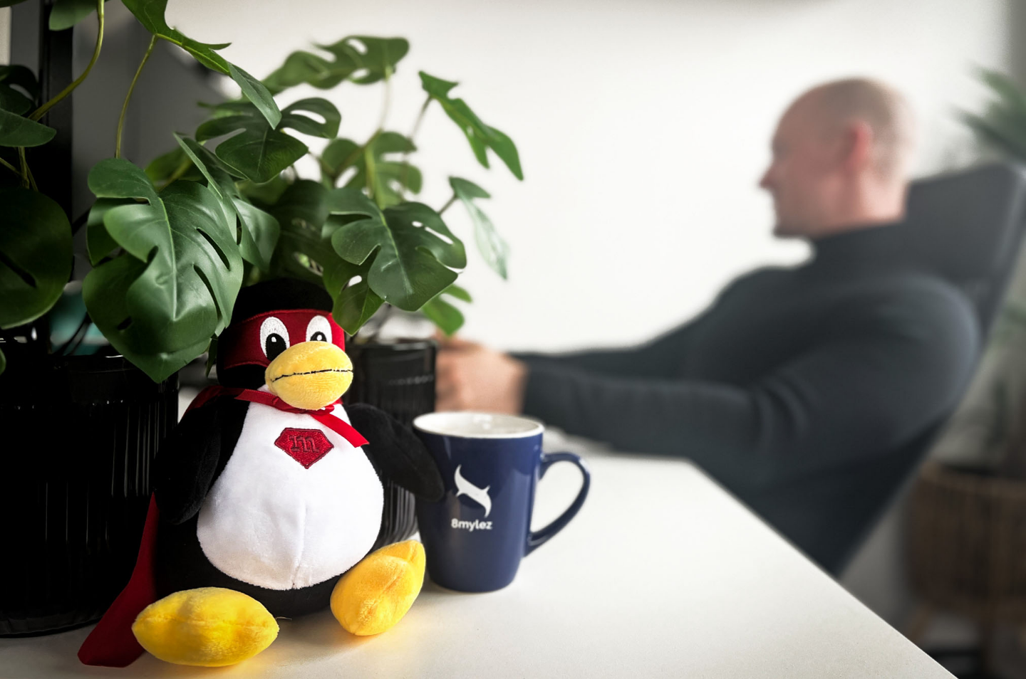 Ein Kuscheltierpinguin im Fokus, im Hintergrund Gero Ostendorf am Schreibtisch.