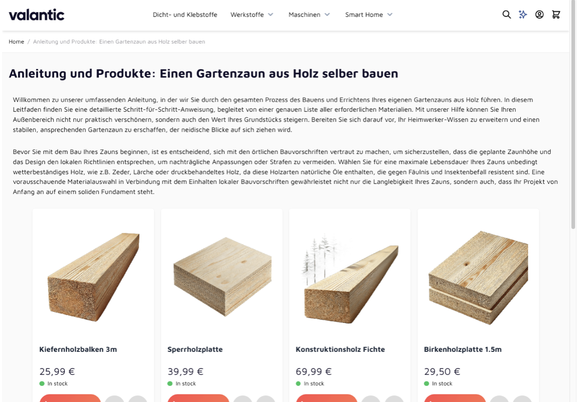 Automatisch erstellte Landing Page mit Verlinkung relevanter Artikel in einem Shop der DIY-Branche.