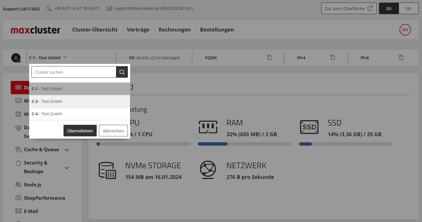 maxcluster Application Center Dashbord.