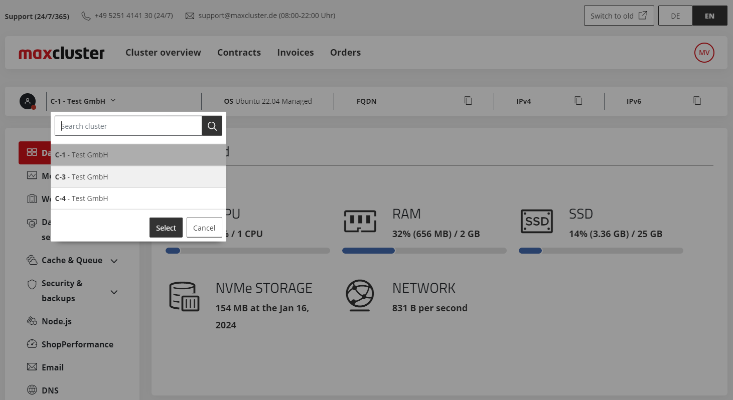 Screenshot of the cluster switching.