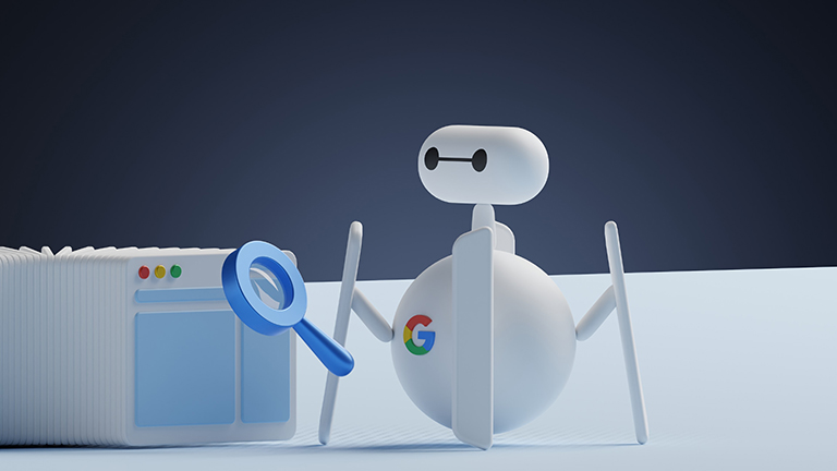 3D robot with Google logo holds magnifying glass near web pages – symbol of web search.