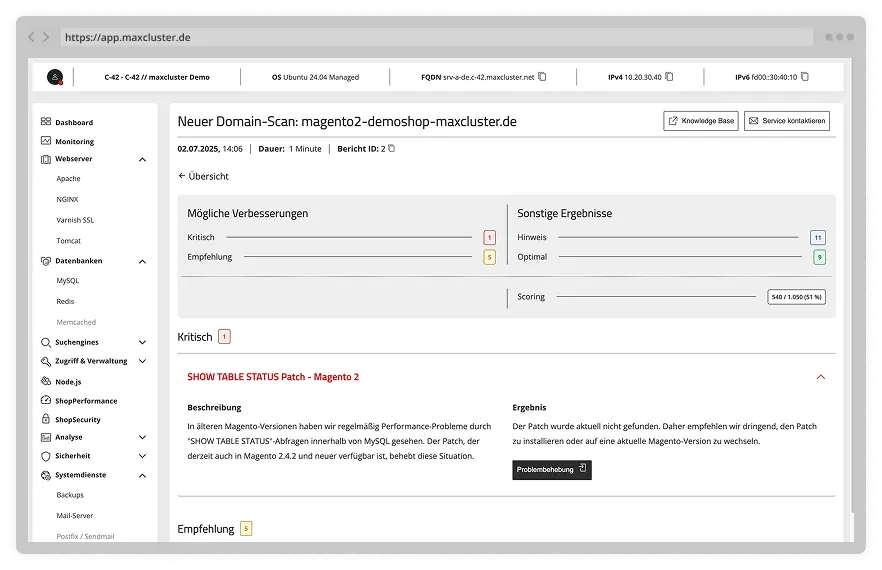 Screenshot eines ShopPerformance Ergebnisses im Managed Center.