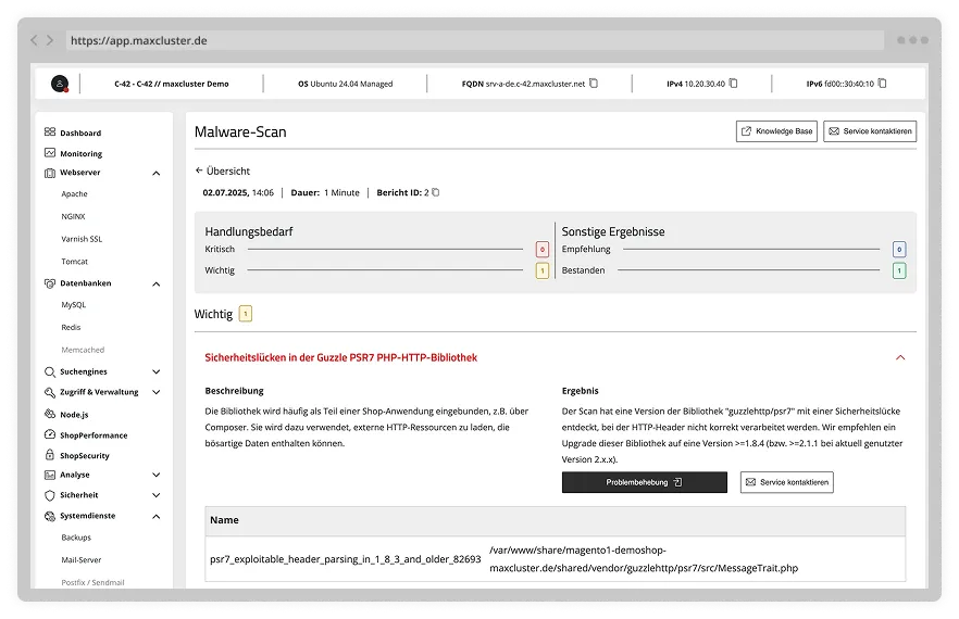 Screenshot eines ShopSecurity Ergebnisses im Managed Center.