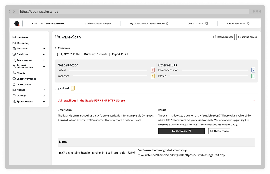 Screenshot of a ShopSecurity result in the Managed Center.