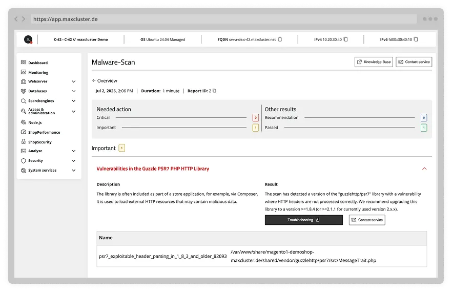Screenshot of a ShopSecurity result in the Managed Center.