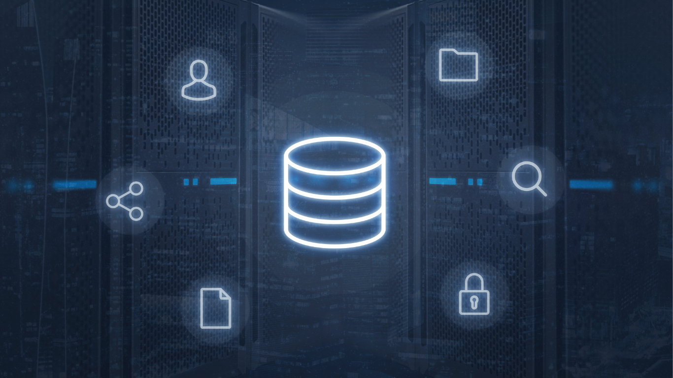 Serverracks mit Datenbank-Icon, umgeben von Symbolen für Nutzer, Ordner, Suche, Teilen, Dokument und Schloss – Performance & Sicherheit.