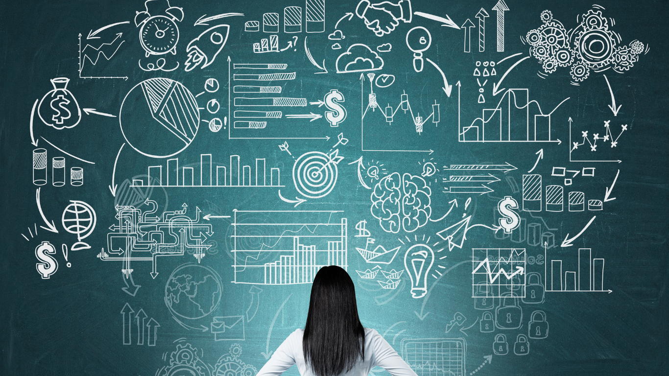 Frau vor Tafel mit Diagrammen, Zahnrädern und $-Symbolen – Sinnbild für Datenanalyse und Strategie.
