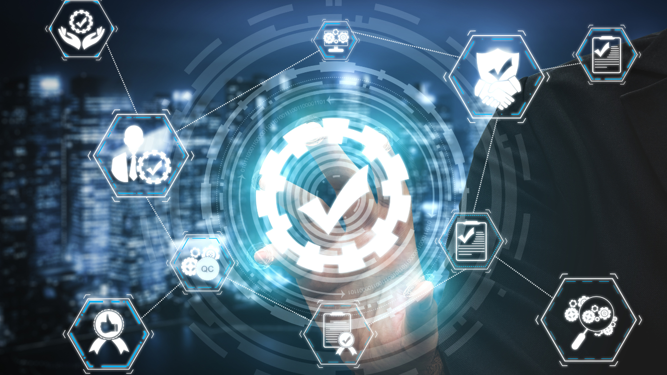 Quality assurance in hosting – an overview of processes, monitoring, and standards Digital visualization of quality assurance with check symbols and networked process icons – stands for monitoring, standards, and continuous improvement in hosting
