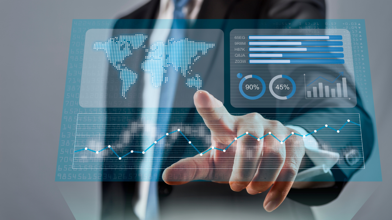 Data-driven quality assurance – KPIs, reporting, and monitoring as the basis for stable hosting processes Finger pointing at digital dashboard with world map and KPI charts – symbol for data-based quality assurance, monitoring, and reporting in hosting