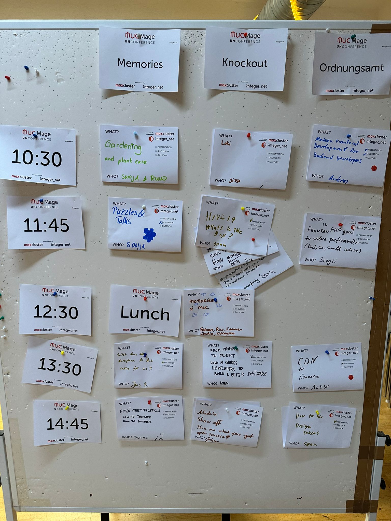 Session-Board der Mage UnConference 2025 mit Themen rund um Apache Solr for TYPO3, Solr Console for TYPO3, Web Hosting TYPO3 sowie Magento Hyvä und Shopware 6 Redis – offene Planung und Community-Beiträge.