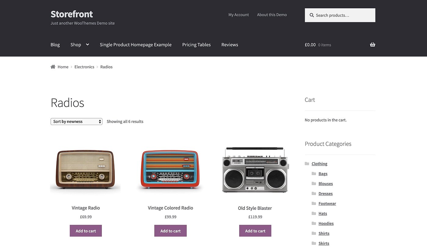 Frontend-Ansicht eines WooCommerce-Beispiel-Shops
