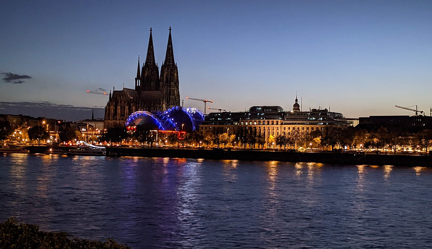 Rhine and Cologne Cathedral at sunset.