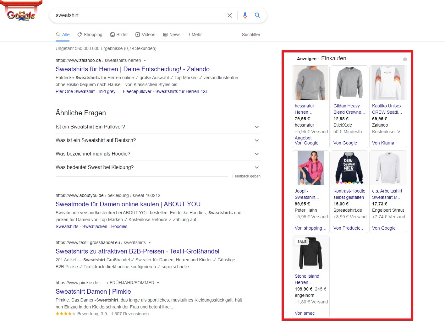 Ads for products are played above or next to organic search results