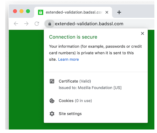 Display of EV certificates in Google Chrome