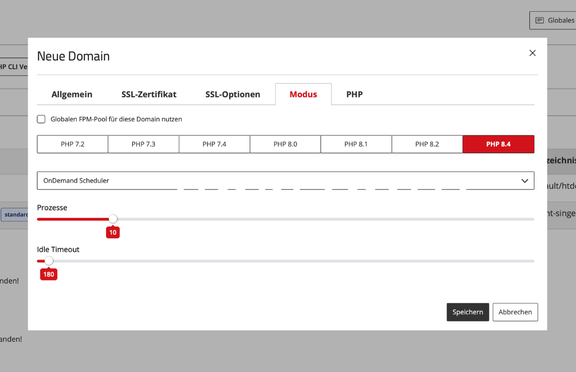 Einstellung von PHP 8.4 für eine Domain im Application Center