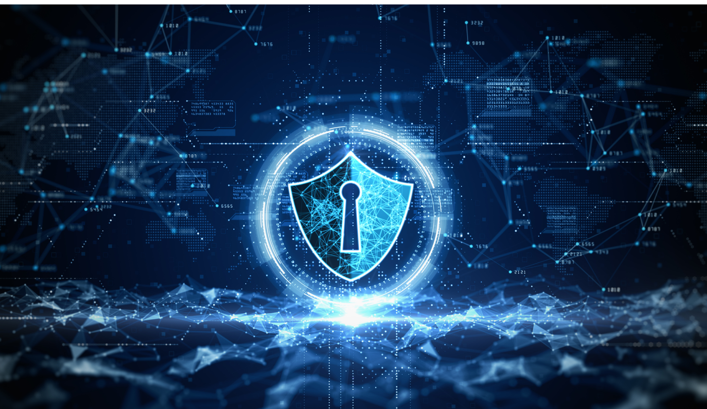Digital shield with lock symbol, surrounded by a network of data streams