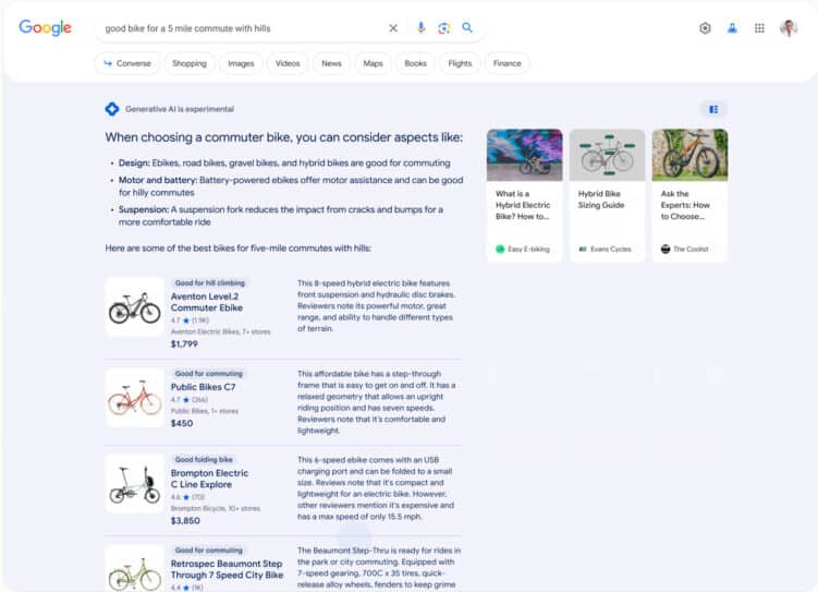 Screenshot von Google Search Generative Experience mit einer KI-generierten Empfehlungsliste für Fahrräder bei hügeligem Arbeitsweg
