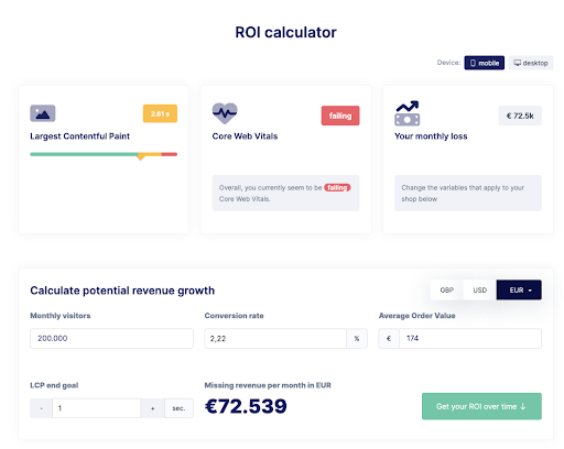 Abbildung einer beispielhaften Berechnung des Return of Invest und die Auswirkungen auf die Conversion Rate bei optimierter Ladezeit.