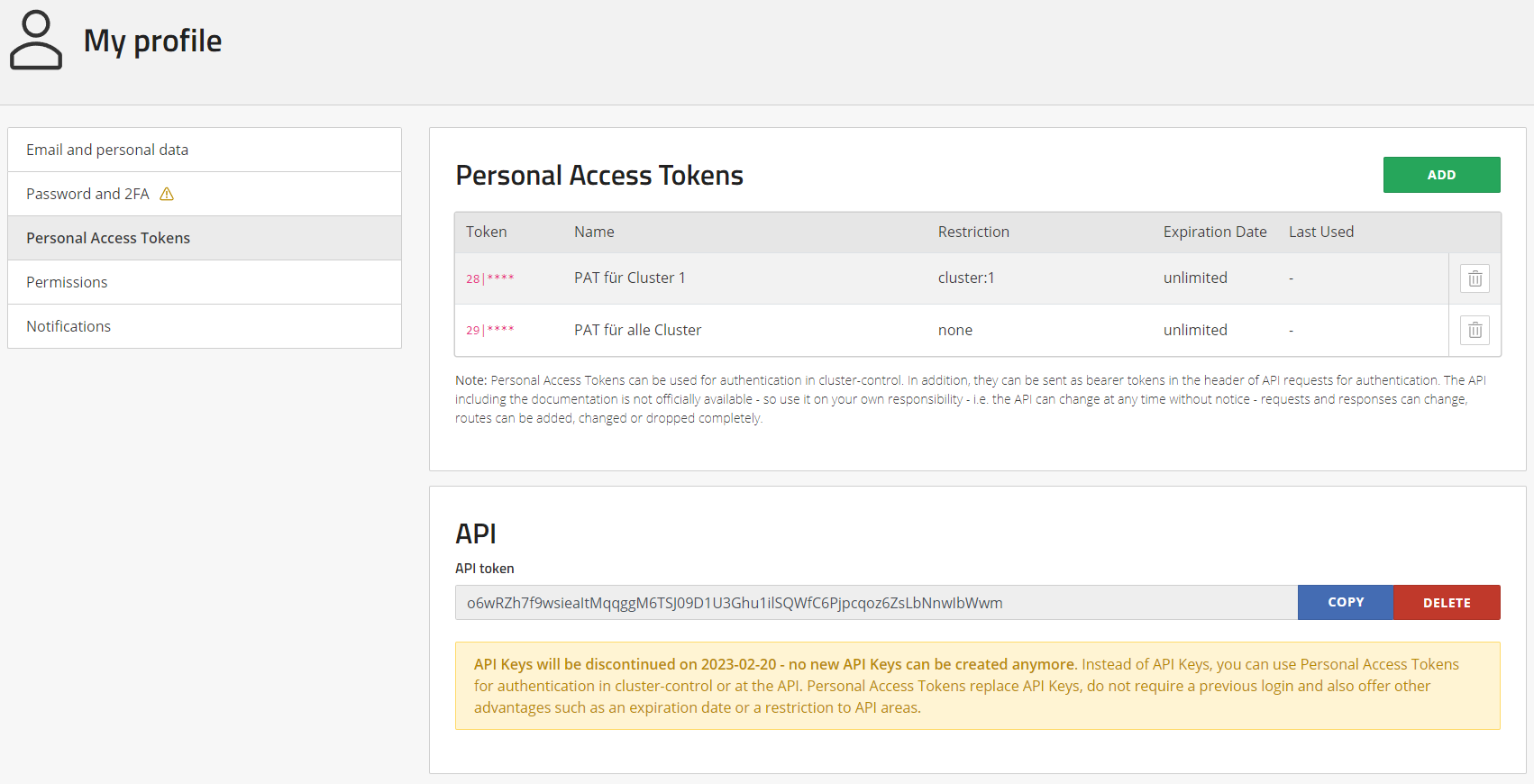 Personal Access Token under "My Data"