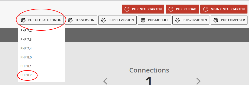 Under PHP Global Config select PHP version